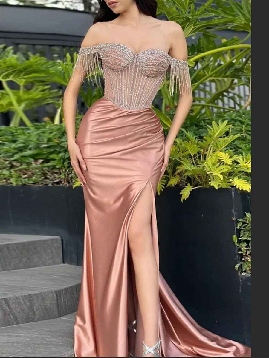 Sheath Off-the-Shoulder Rhinestone Satin Corset Prom Dress