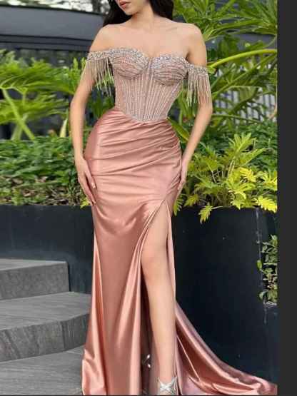 Sheath Off-the-Shoulder Rhinestone Satin Corset Prom Dress