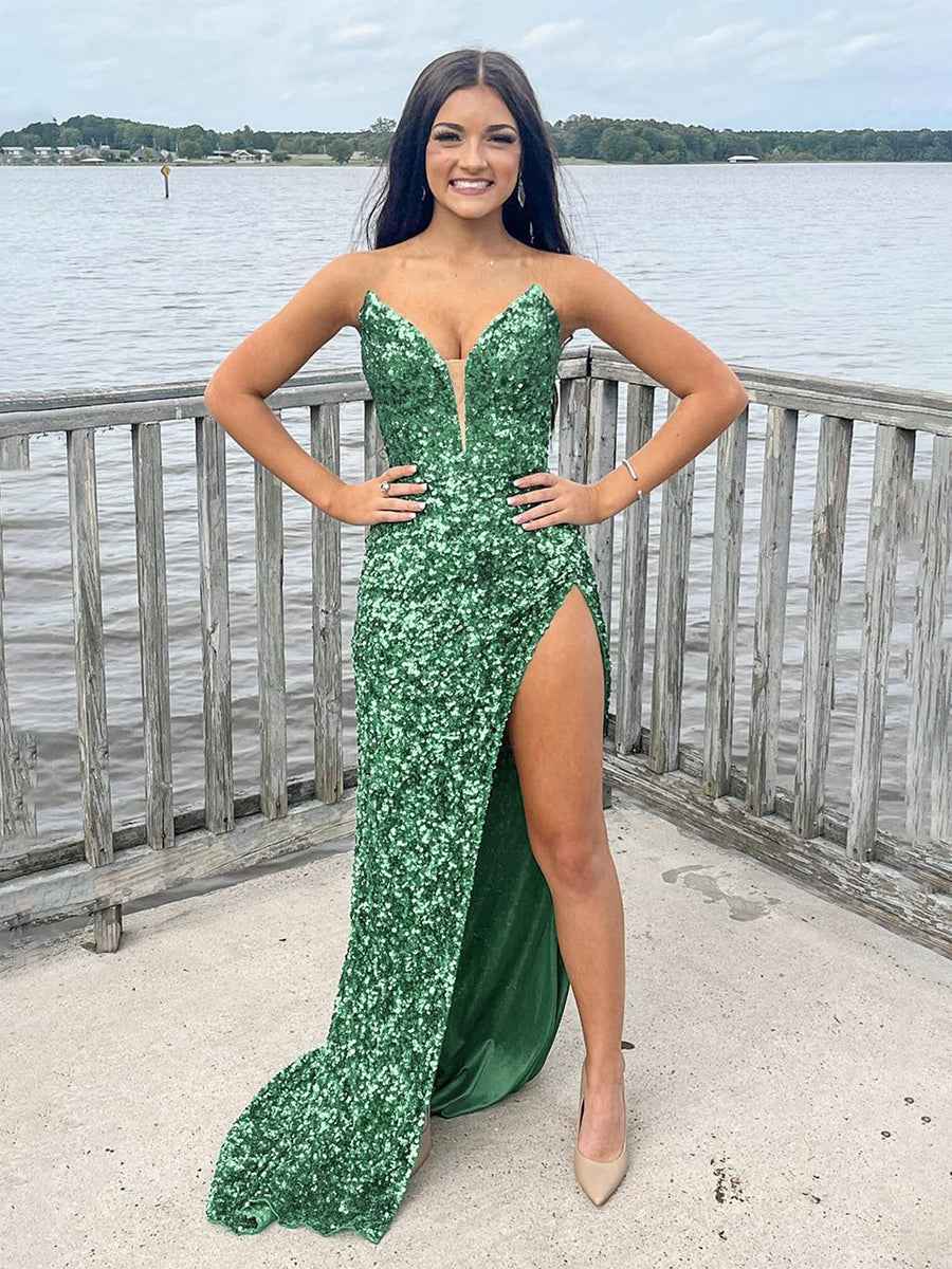 Sheath Sequined Long Mermaid Prom Dress with Slit