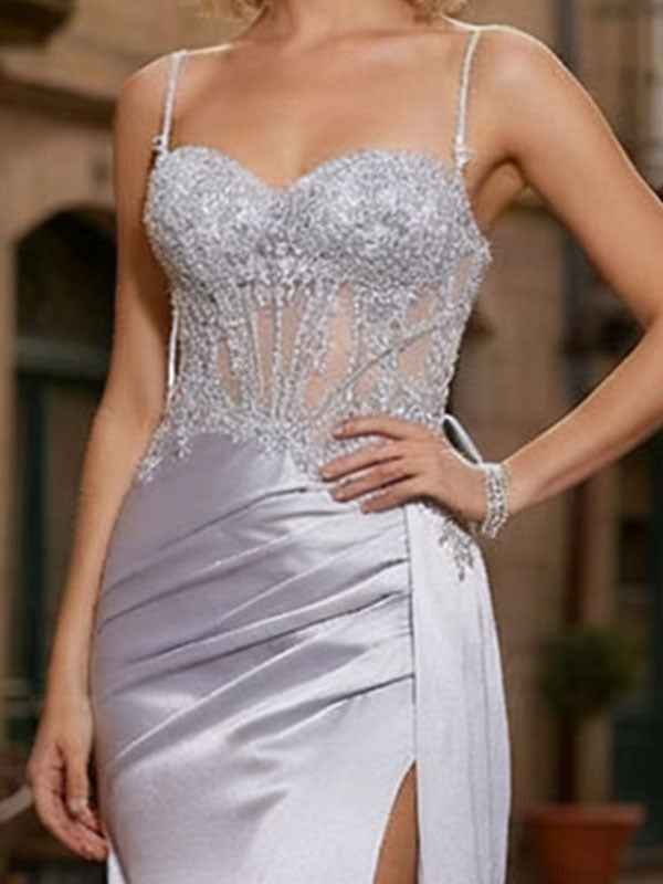 Sheath Spaghetti Straps Appliques Lace Satin Corset Prom Dress with Slit