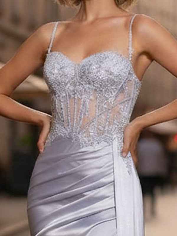 Sheath Spaghetti Straps Appliques Lace Satin Corset Prom Dress with Slit