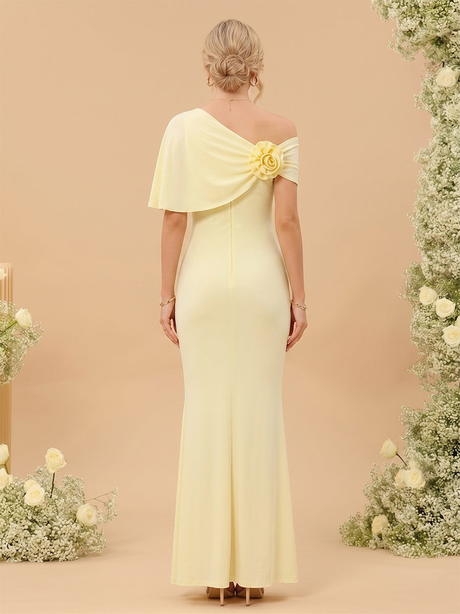 Sheath/Column Asymmetrical Cap Sleeves Floor-Length Long Bridesmaid Dresses With Ruched & 3D Floral