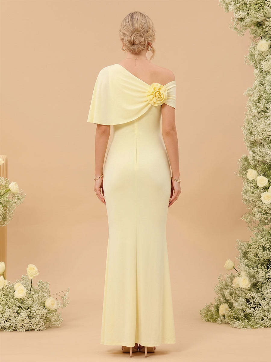 Sheath/Column Asymmetrical Cap Sleeves Floor-Length Long Bridesmaid Dresses With Ruched & 3D Floral