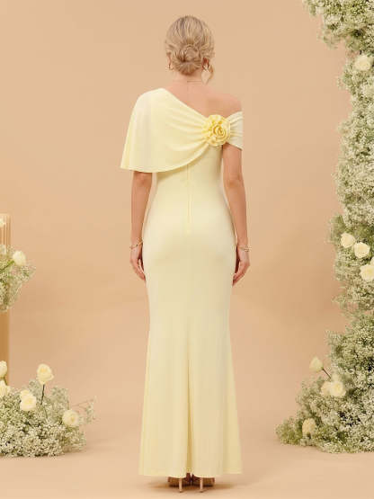 Sheath/Column Asymmetrical Cap Sleeves Floor-Length Long Bridesmaid Dresses With Ruched & 3D Floral