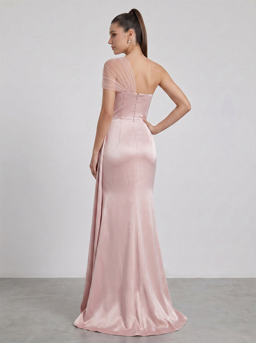 Sheath/Column Asymmetrical One-Shoulder Long Bridesmaid Dresses With Pleated & Split Side