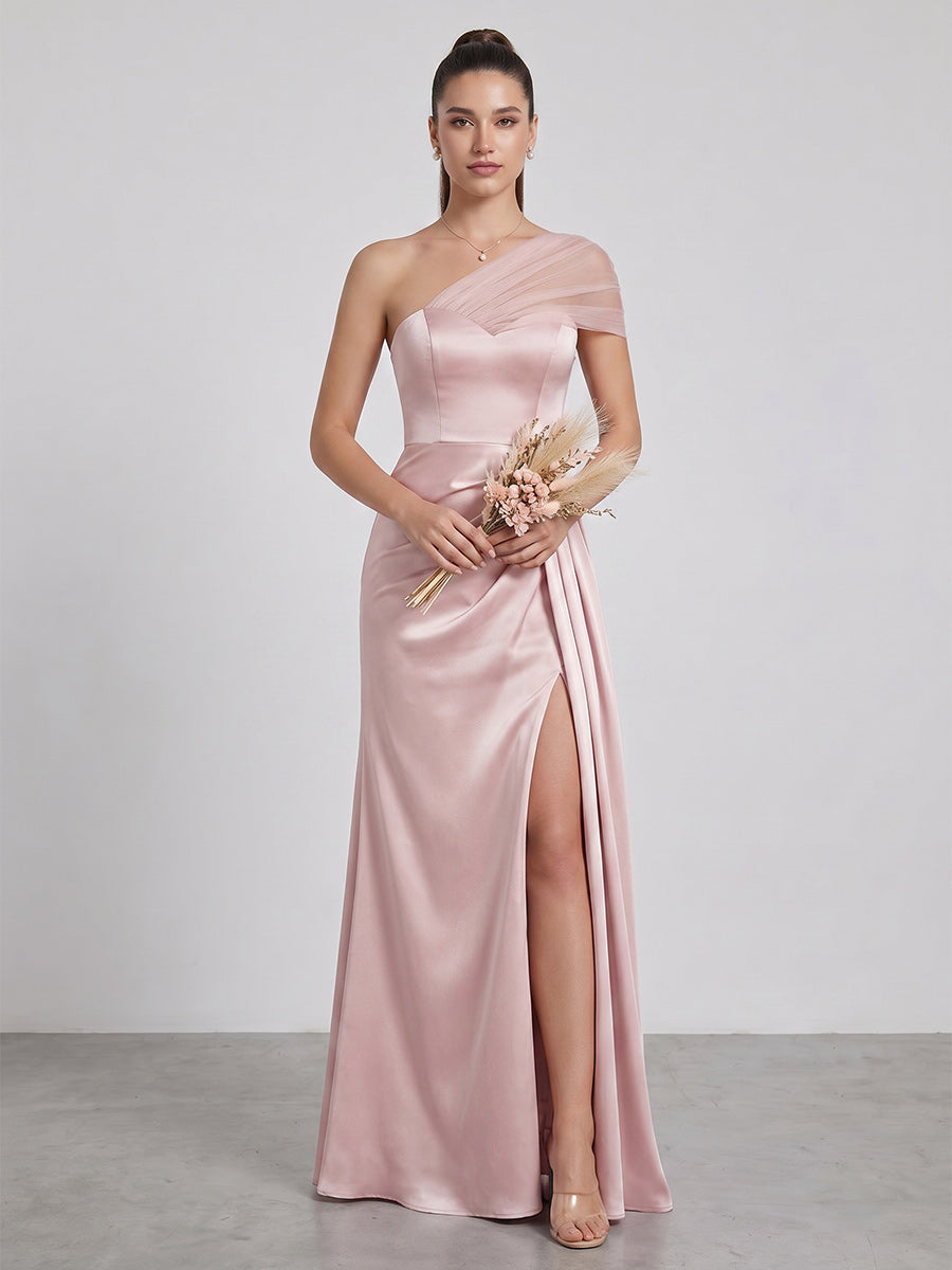 Sheath/Column Asymmetrical One-Shoulder Long Bridesmaid Dresses With Pleated & Split Side