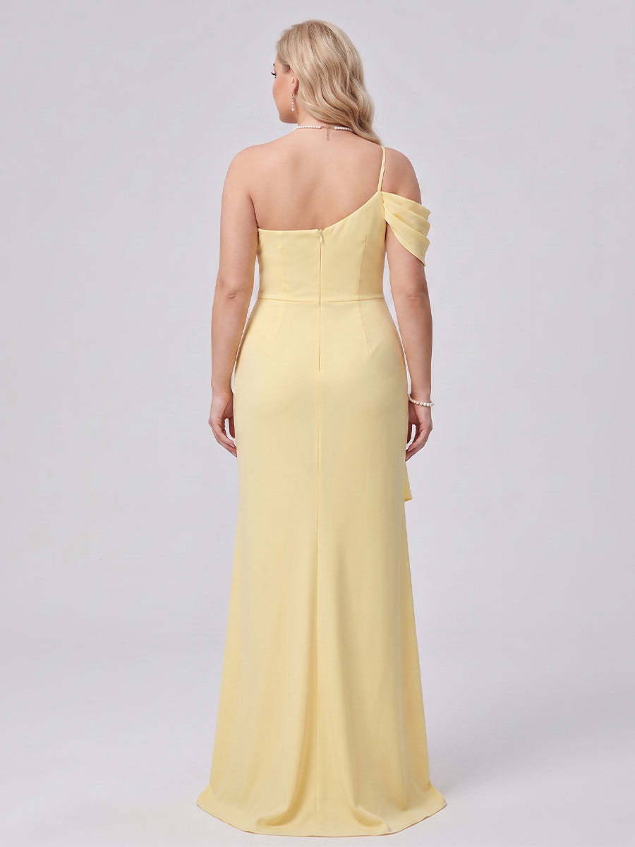 Sheath/Column Asymmetrical One-Shoulder Long Plus Size Bridesmaid Dresses With Ruched & Split Side