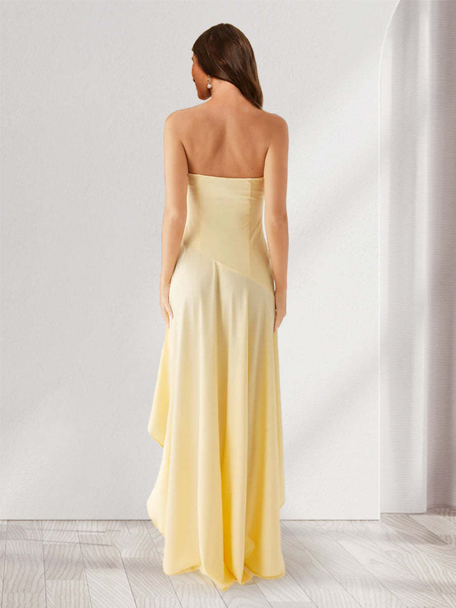 Sheath/Column Asymmetrical Strapless Slit Long Bridesmaid Dresses with Ruffles