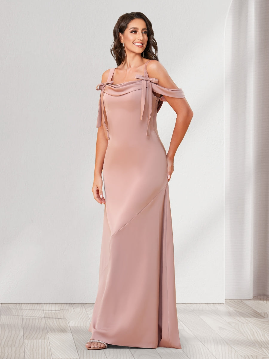 Sheath/Column Cold Shoulder Floor-Length Bridesmaid Dresses with Bowknots