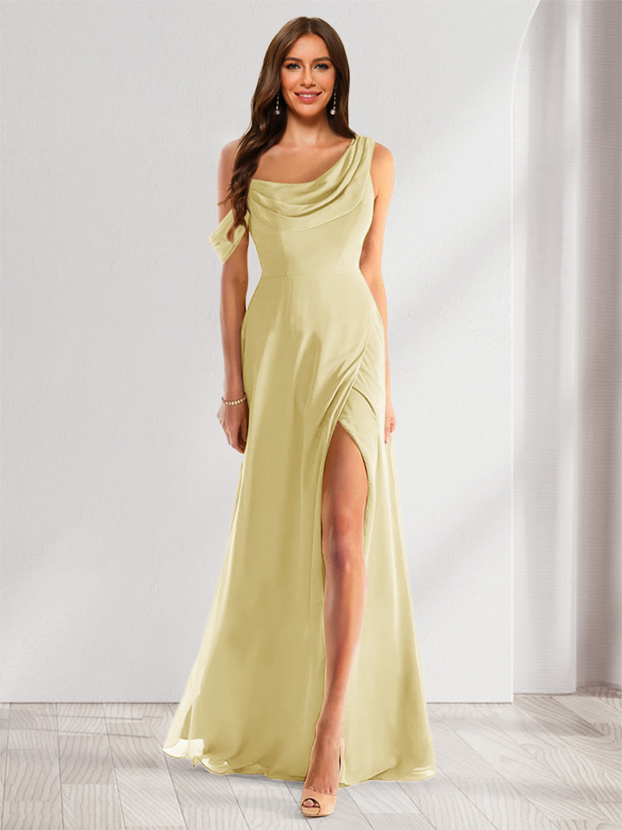 sheath/column cowl neck sleeveless chiffon bridesmaid dresses with pleated split Floor-Length Side – BMBRIDAL Color:Custom Color-pls leave a note