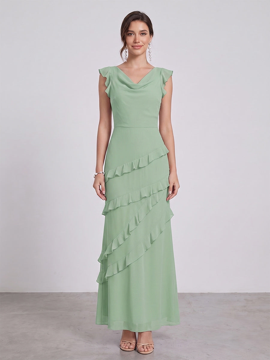 Sheath/Column Cowl Neck Sleeveless Ruffle Floor-Length Maxi Dresses Long Bridesmaid Dresses