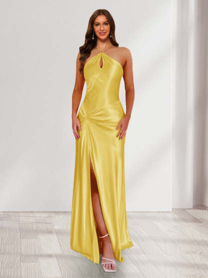 Sheath/Column Halter Keyhole Ruched Long Bridesmaid Dresses with Split Side