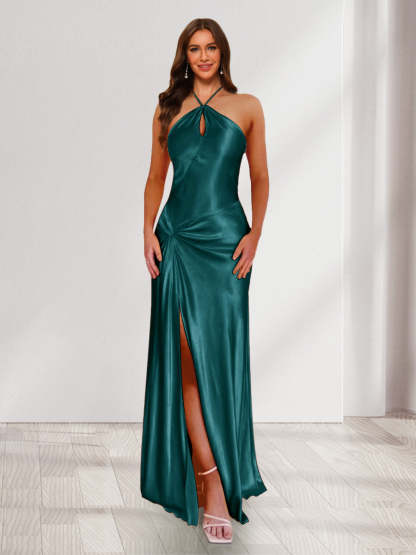 Sheath/Column Halter Keyhole Ruched Long Bridesmaid Dresses with Split Side