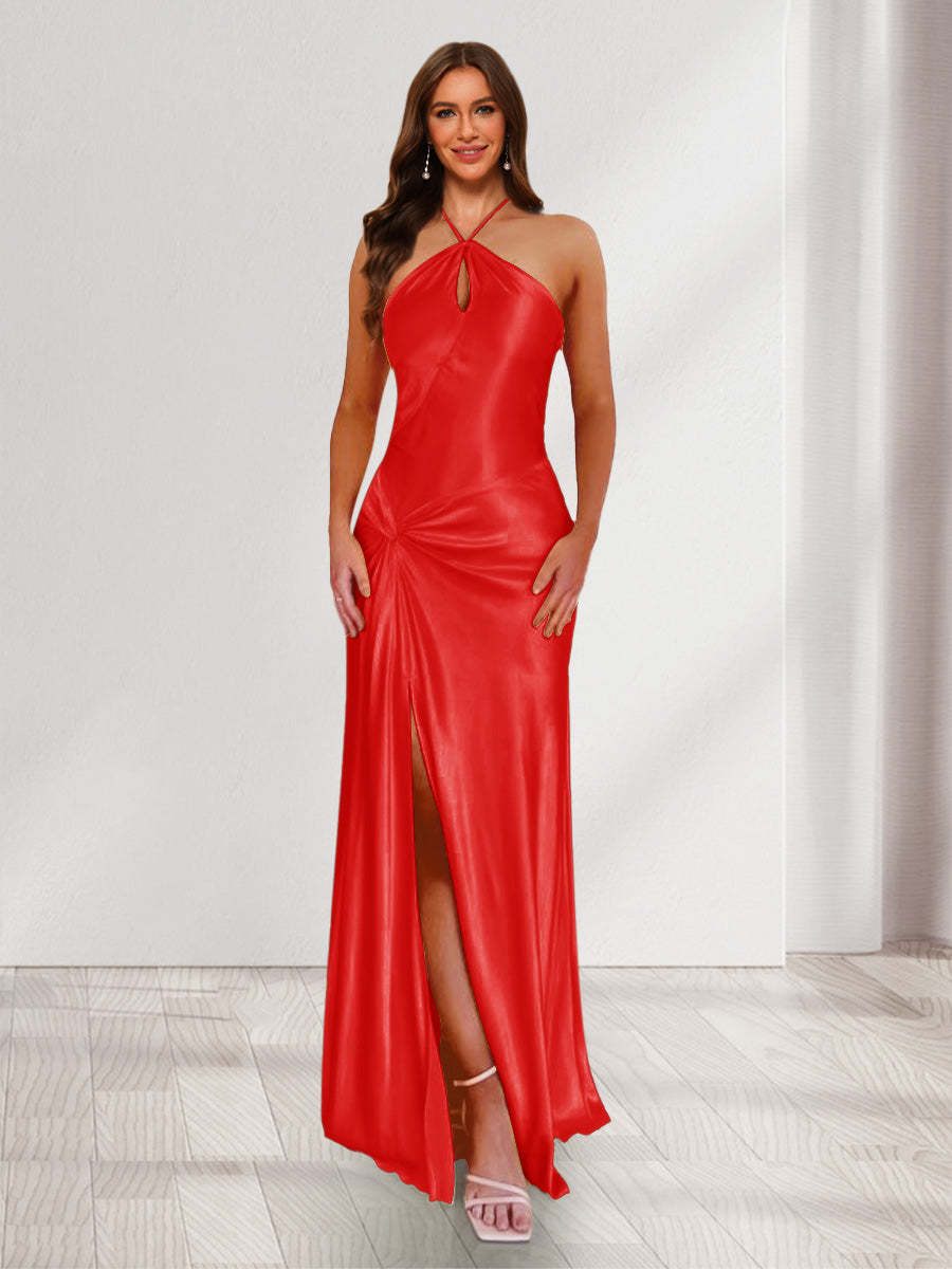 Sheath/Column Halter Keyhole Ruched Long Bridesmaid Dresses with Split Side