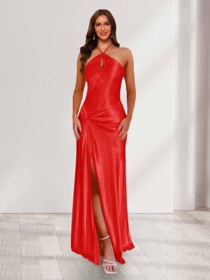 Sheath/Column Halter Keyhole Ruched Long Bridesmaid Dresses with Split Side