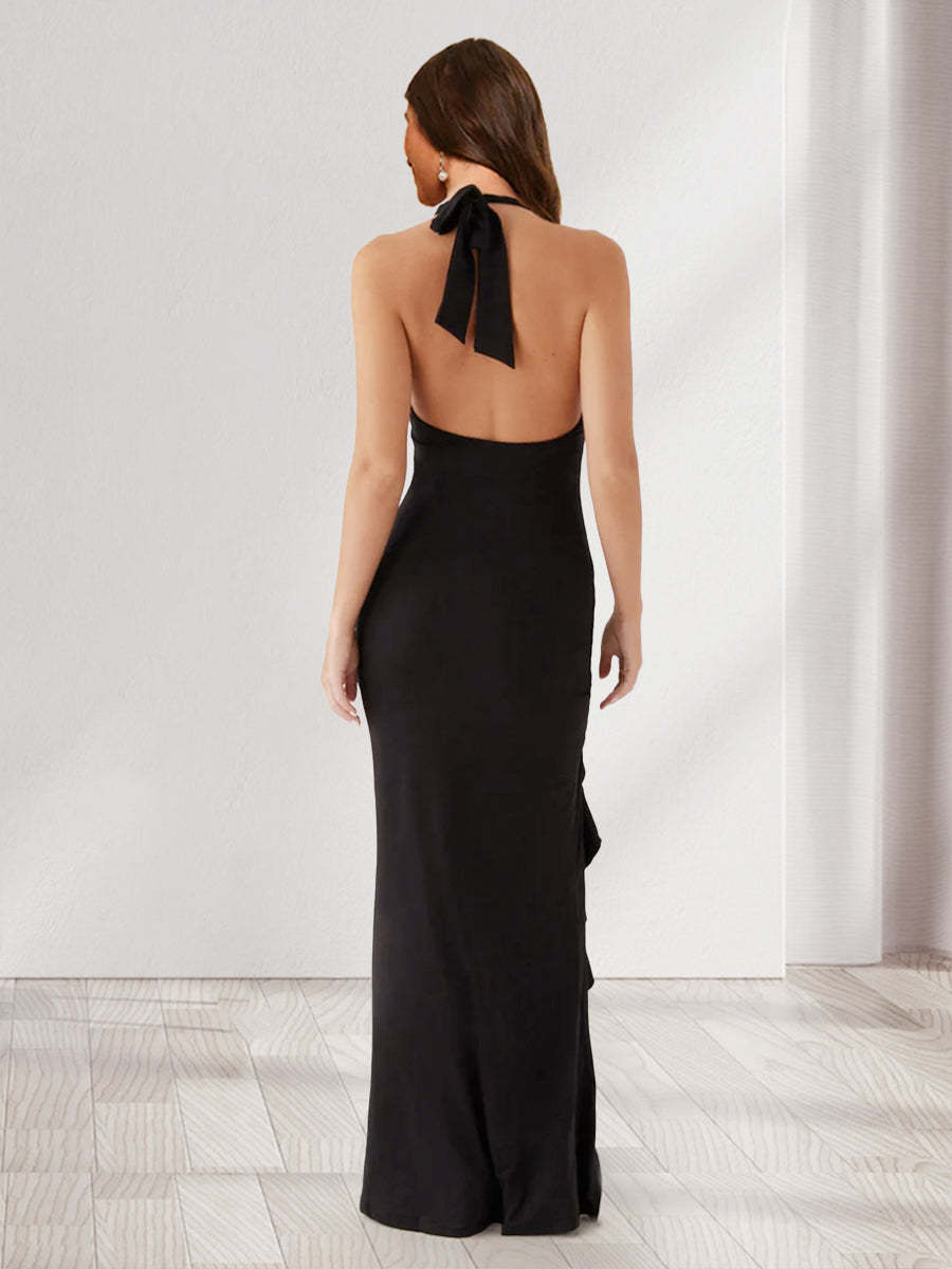 Sheath/Column Halter Ruffle Long Bridesmaid Dresses with Split Side