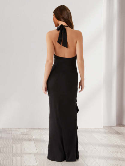 Sheath/Column Halter Ruffle Long Bridesmaid Dresses with Split Side