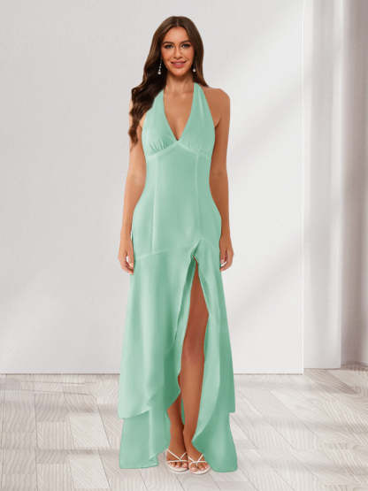 Sheath/Column Halter Ruffle Maxi Dresses Long Bridesmaid Dresses with Split Side