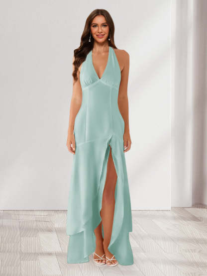 Sheath/Column Halter Ruffle Maxi Dresses Long Bridesmaid Dresses with Split Side