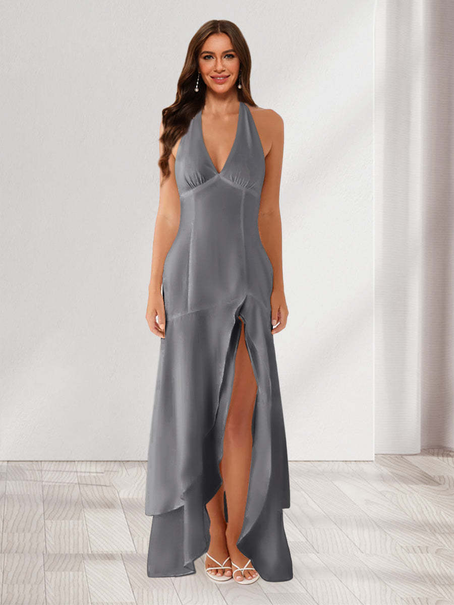 Sheath/Column Halter Ruffle Maxi Dresses Long Bridesmaid Dresses with Split Side