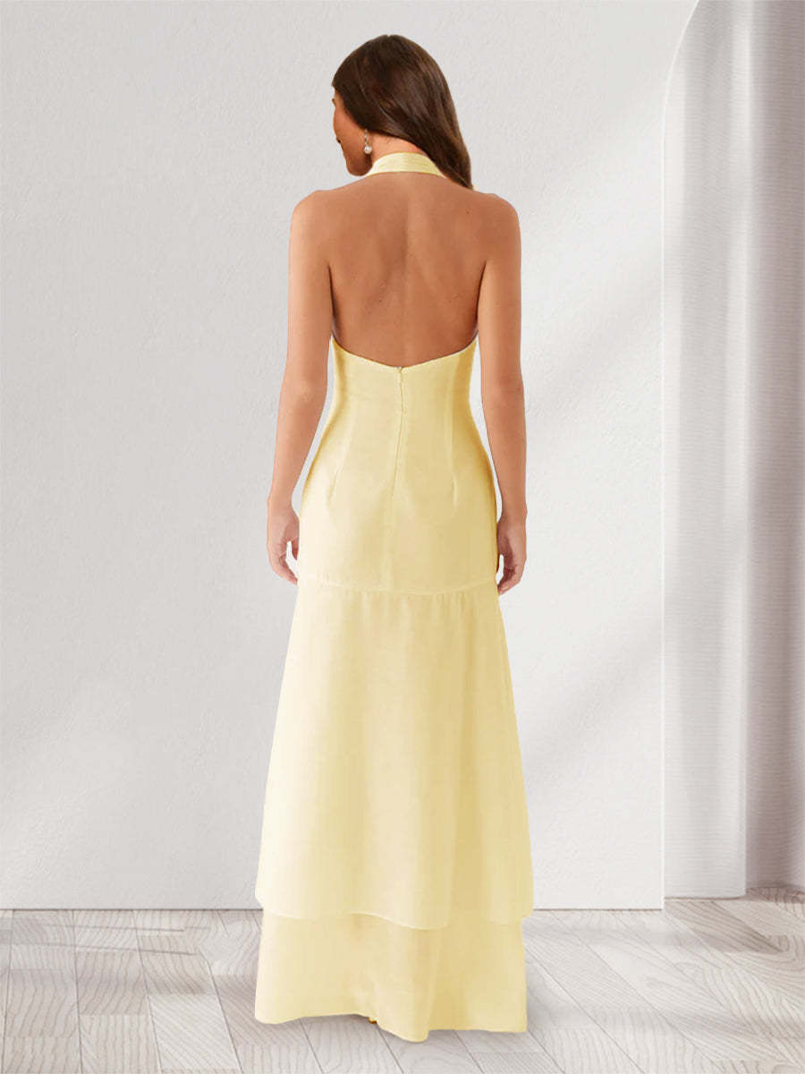 Sheath/Column Halter Ruffle Maxi Dresses Long Bridesmaid Dresses with Split Side