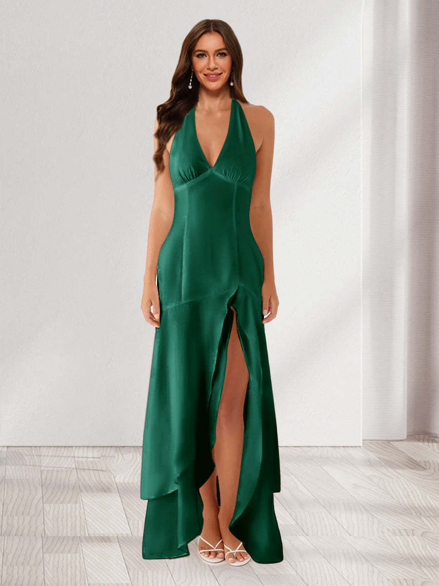 Sheath/Column Halter Ruffle Maxi Dresses Long Bridesmaid Dresses with Split Side