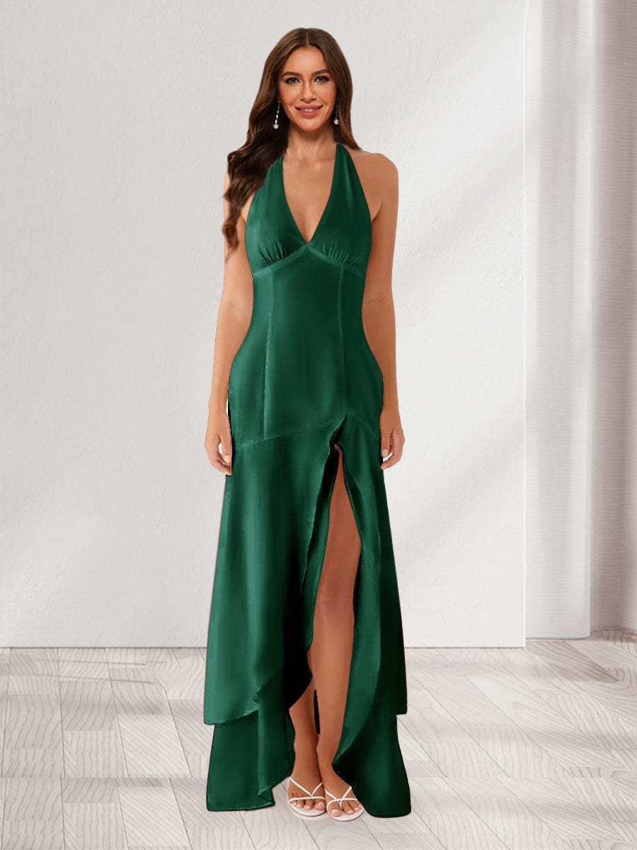 Sheath/Column Halter Ruffle Maxi Dresses Long Bridesmaid Dresses with Split Side