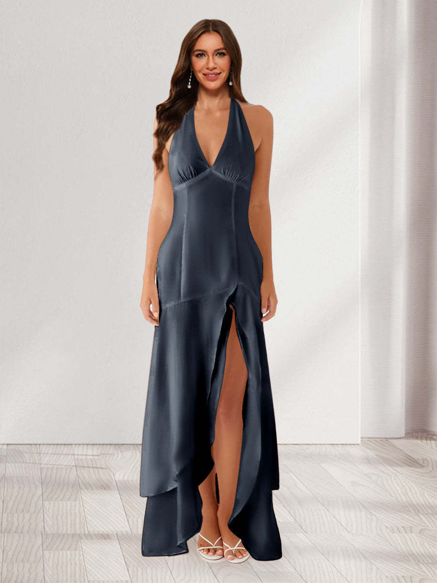 Sheath/Column Halter Ruffle Maxi Dresses Long Bridesmaid Dresses with Split Side