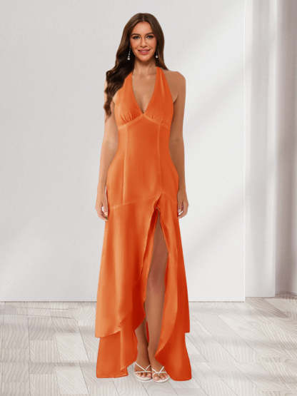 Sheath/Column Halter Ruffle Maxi Dresses Long Bridesmaid Dresses with Split Side
