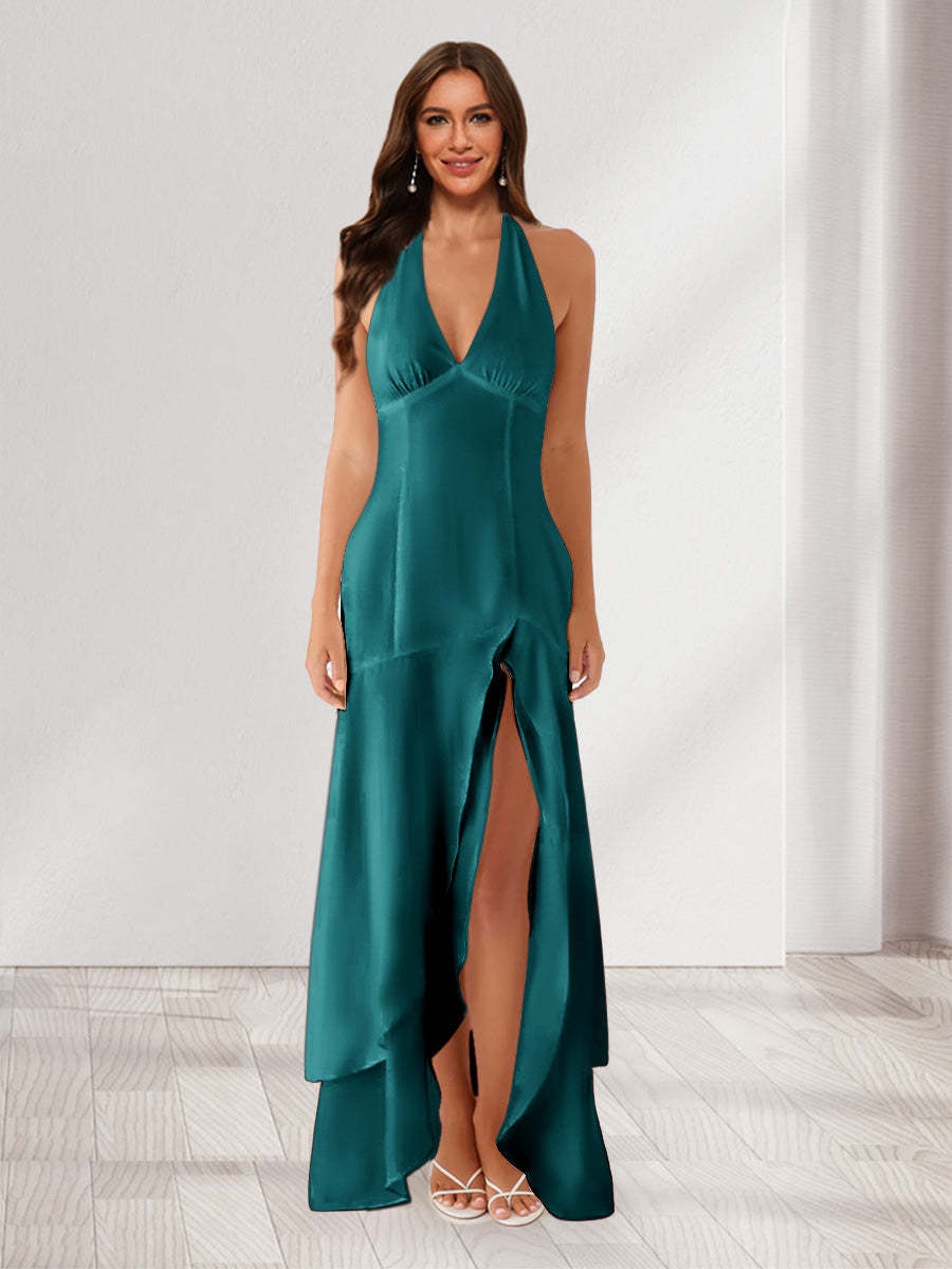 Sheath/Column Halter Ruffle Maxi Dresses Long Bridesmaid Dresses with Split Side