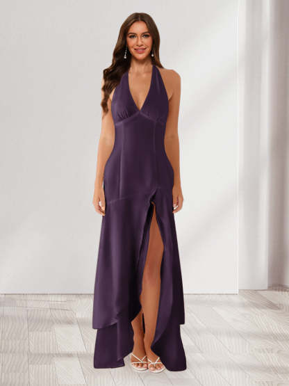 Sheath/Column Halter Ruffle Maxi Dresses Long Bridesmaid Dresses with Split Side