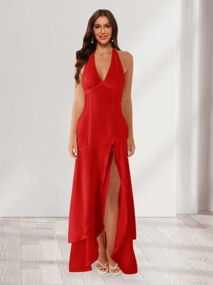 Sheath/Column Halter Ruffle Maxi Dresses Long Bridesmaid Dresses with Split Side