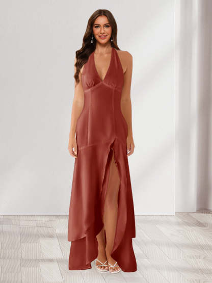 Sheath/Column Halter Ruffle Maxi Dresses Long Bridesmaid Dresses with Split Side