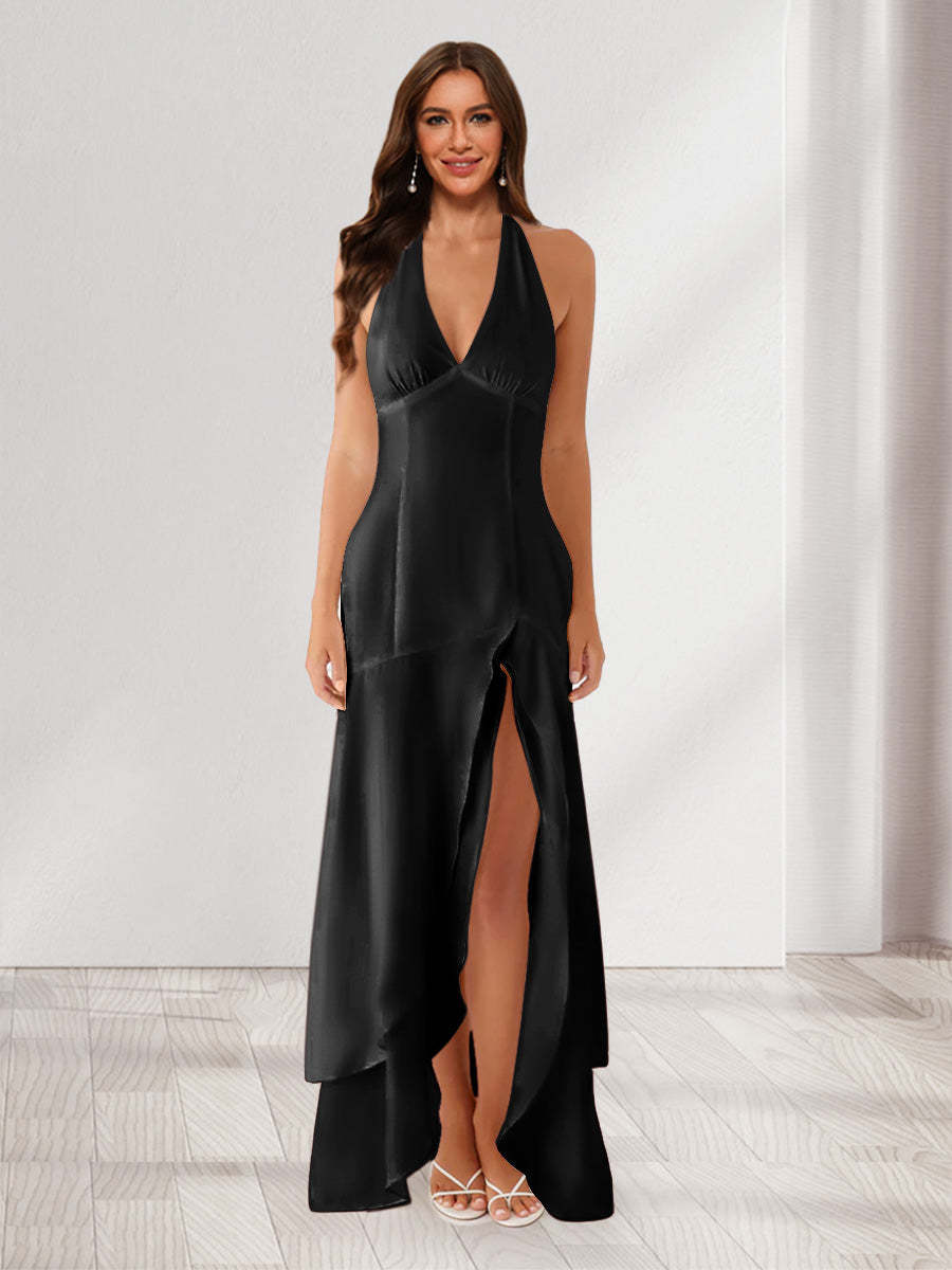 Sheath/Column Halter Ruffle Maxi Dresses Long Bridesmaid Dresses with Split Side