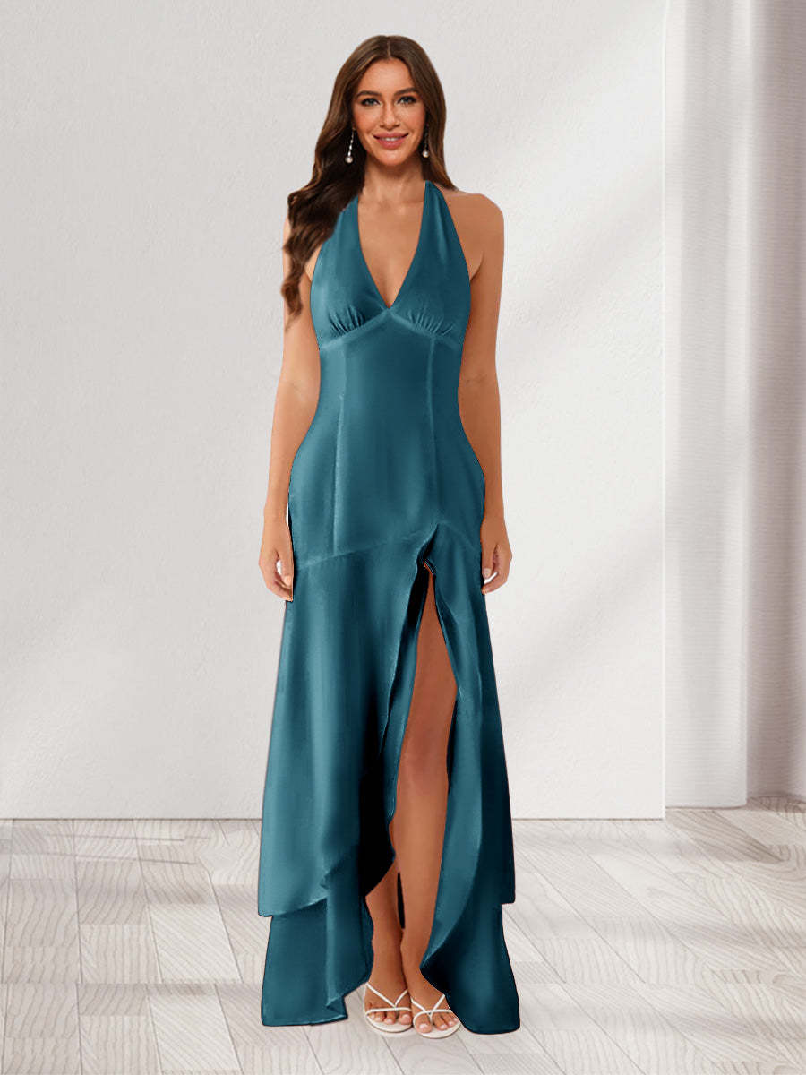 Sheath/Column Halter Ruffle Maxi Dresses Long Bridesmaid Dresses with Split Side
