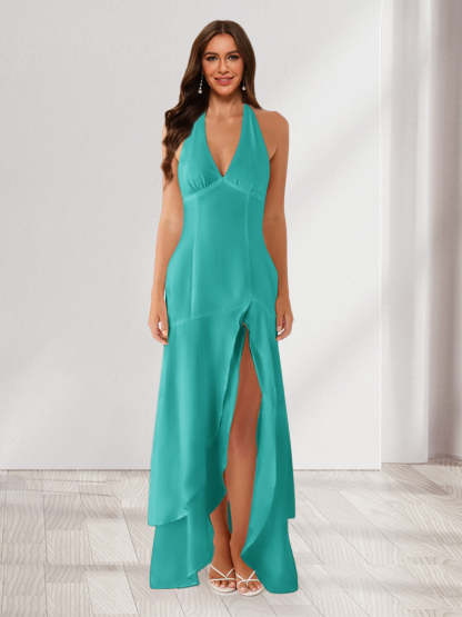 Sheath/Column Halter Ruffle Maxi Dresses Long Bridesmaid Dresses with Split Side
