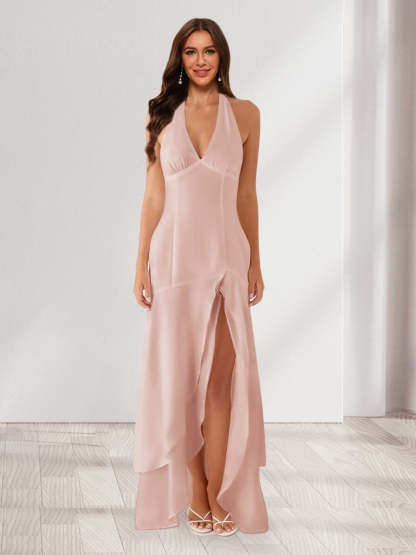 Sheath/Column Halter Ruffle Maxi Dresses Long Bridesmaid Dresses with Split Side