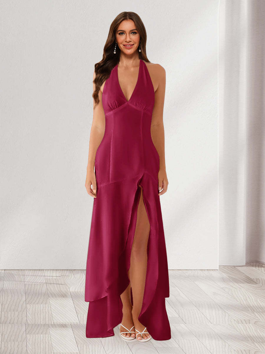 Sheath/Column Halter Ruffle Maxi Dresses Long Bridesmaid Dresses with Split Side