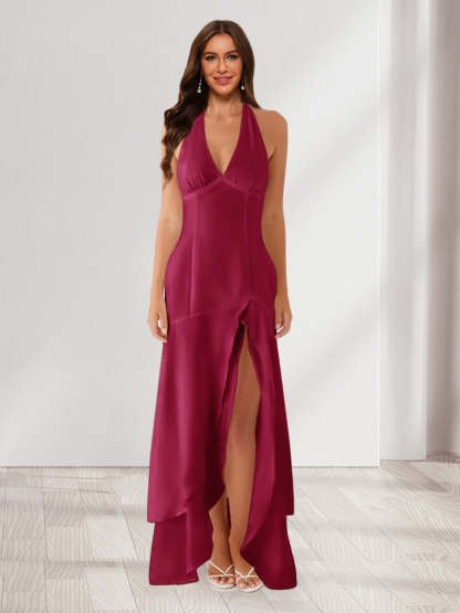Sheath/Column Halter Ruffle Maxi Dresses Long Bridesmaid Dresses with Split Side