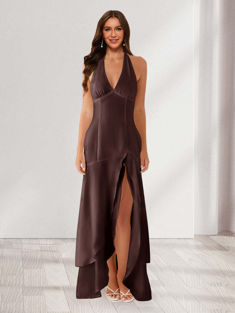 Sheath/Column Halter Ruffle Maxi Dresses Long Bridesmaid Dresses with Split Side