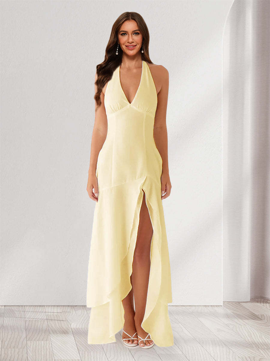 Sheath/Column Halter Ruffle Maxi Dresses Long Bridesmaid Dresses with Split Side