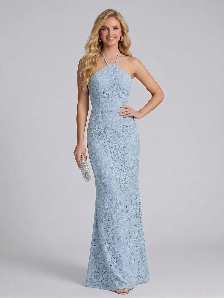 Sheath/Column Halter Sleeveless Bridesmaid Dresses With Lace
