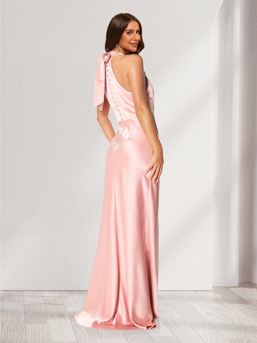 Sheath/Column Halter Sleeveless Ruched Bridesmaid Dresses with Bow(s) & Buttons