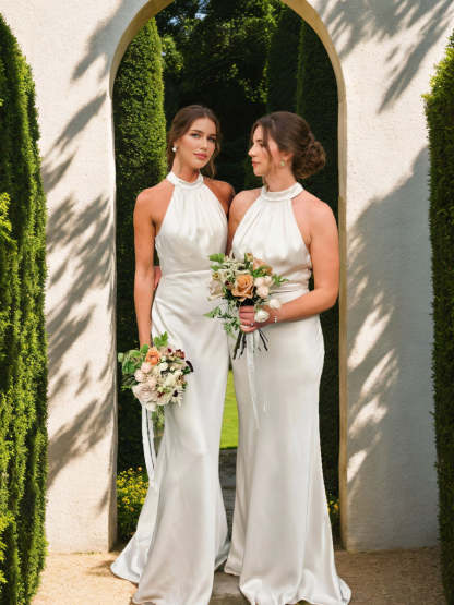 Sheath/Column Halter Sleeveless Ruched Bridesmaid Dresses with Bow(s) & Buttons