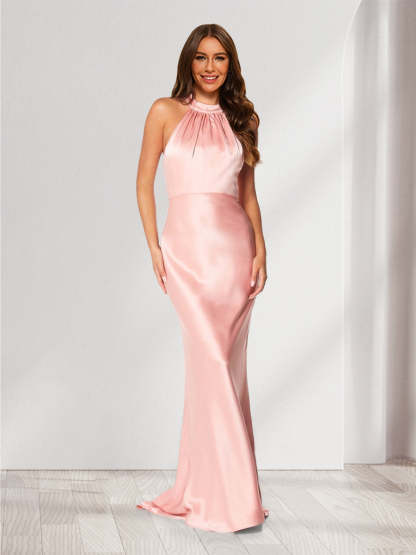 Sheath/Column Halter Sleeveless Ruched Bridesmaid Dresses with Bow(s) & Buttons