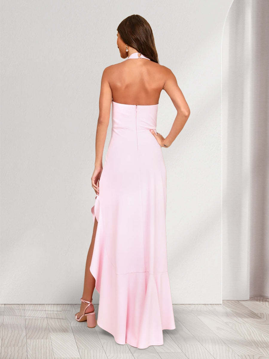 Sheath/Column Halter Sleeveless Sexy Asymmetrical Bridesmaid Dresses with Ruffles