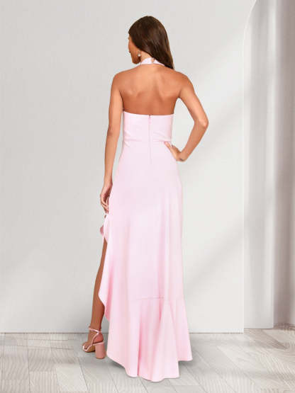 Sheath/Column Halter Sleeveless Sexy Asymmetrical Bridesmaid Dresses with Ruffles