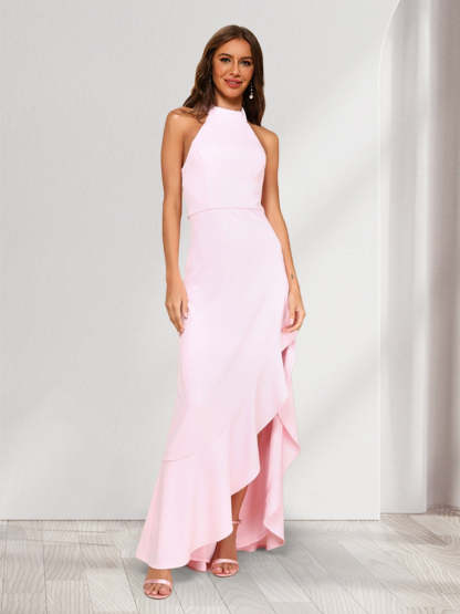 Sheath/Column Halter Sleeveless Sexy Asymmetrical Bridesmaid Dresses with Ruffles