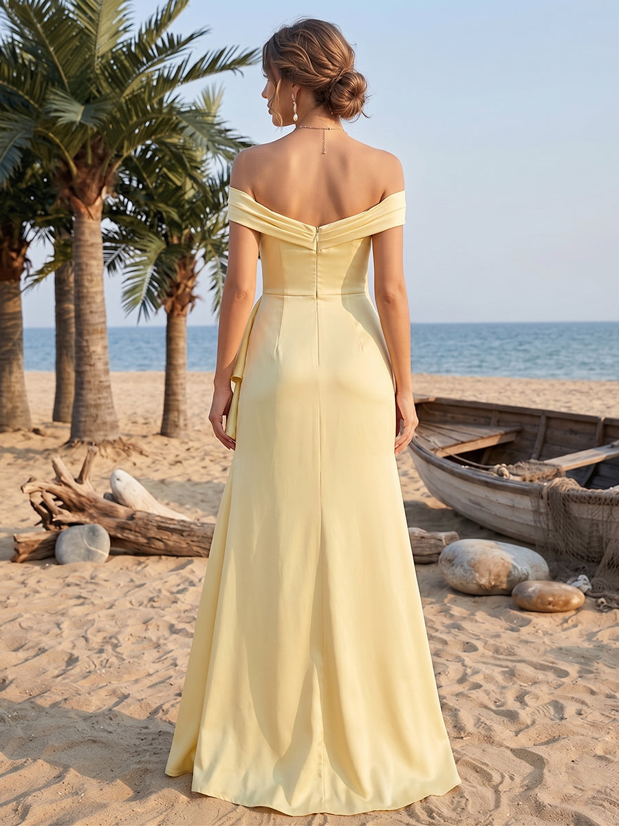 Sheath/Column Off-the-Shoulder Long Bridesmaid Dresses with Ruched & Split Side