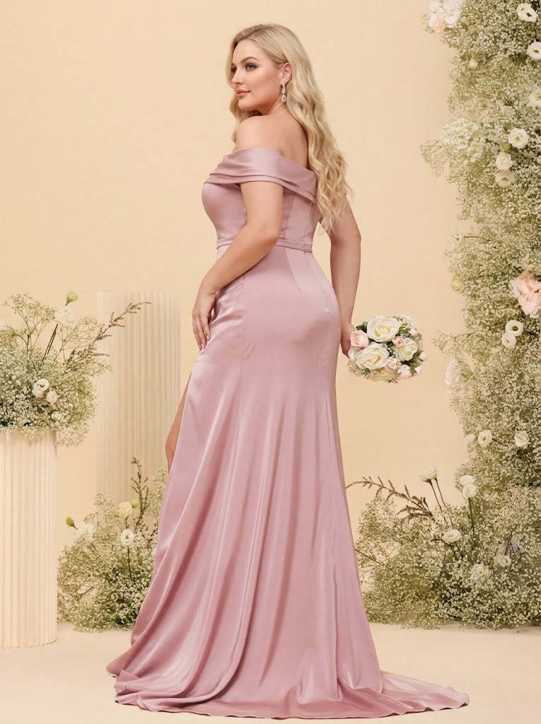 Sheath/Column Off-the-Shoulder Long Formal Plus Size Dresses with Split Side & Ruched